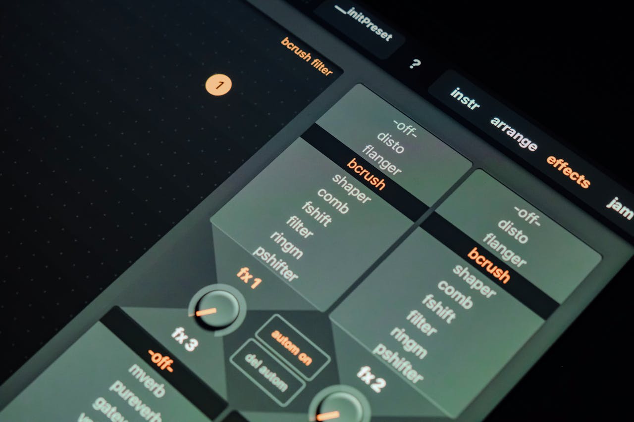 Close-up of digital music production interface showing various sound filter settings.